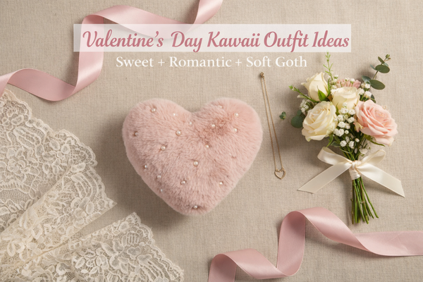Soft pink heart purse, lace, and flowers inspire Valentine’s Day kawaii outfit ideas for a sweet romantic look