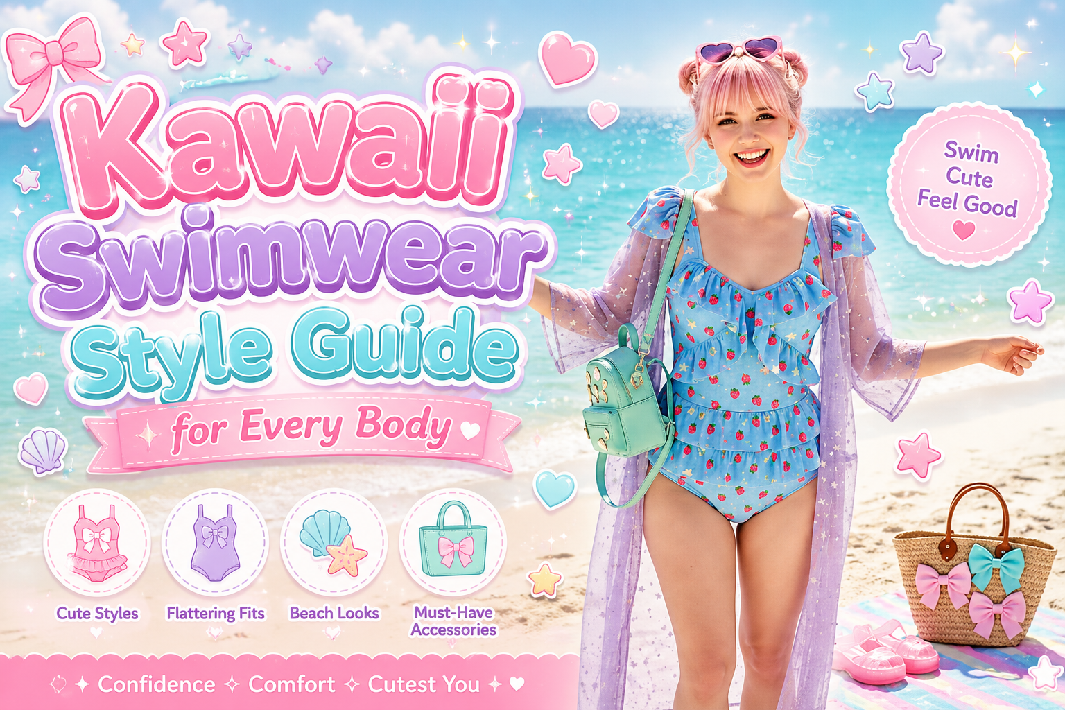 Kawaii Swimwear Style Guide for Every Body - Anime Swimwear, Beach Accessories, Cute Swimwear, Harajuku Beach Style,