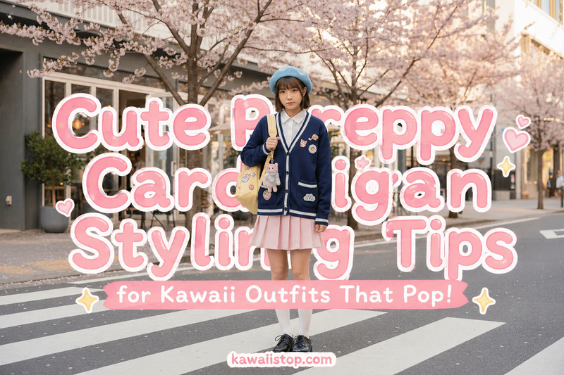 Cute preppy cardigan styling with kawaii accessories and pastel skirt for Harajuku street fashion inspiration