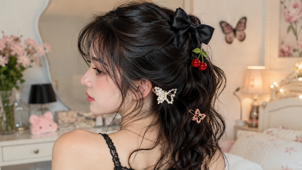 Young woman wearing a black satin bow, cherry clip, pearl butterfly clip, and floral hair accessories in a soft kawaii bedroom setting.