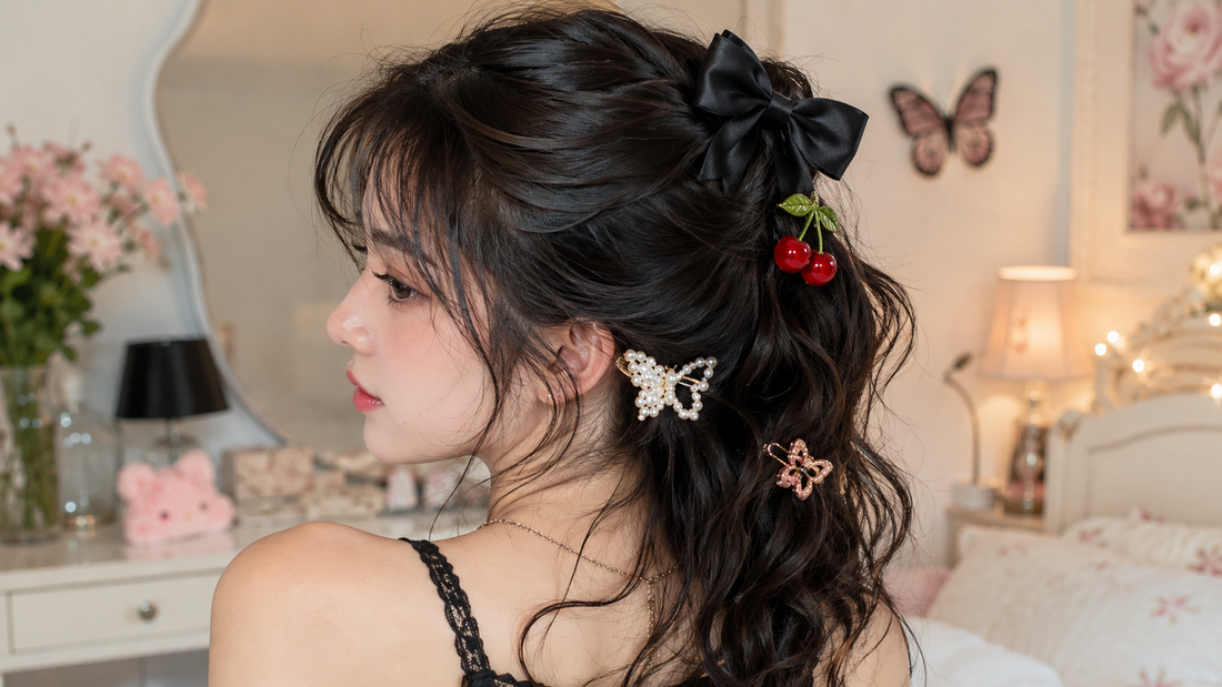 Young woman wearing a black satin bow, cherry clip, pearl butterfly clip, and floral hair accessories in a soft kawaii bedroom setting.