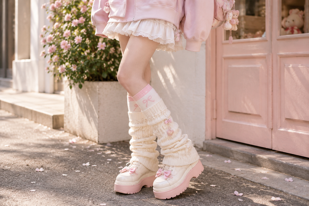 Pastel kawaii outfit styled with cream knitted leg warmers, pink socks, ruffled skirt, and chunky platform shoes outside a pink storefront.