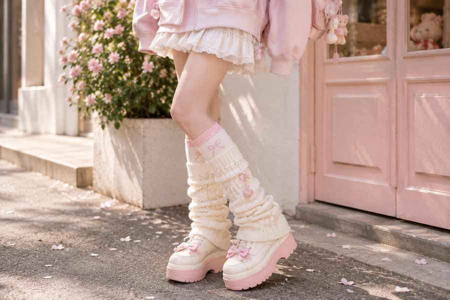 Pastel kawaii outfit styled with cream knitted leg warmers, pink socks, ruffled skirt, and chunky platform shoes outside a pink storefront.
