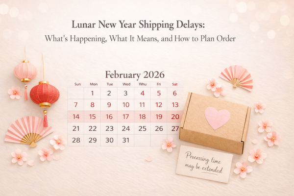 Soft pastel kawaii aesthetic, Lunar New Year shipping notice theme, flat lay composition on a warm neutral desk, blush pink and cream color palette, subtle red accents, cute lanterns and small paper fan decor