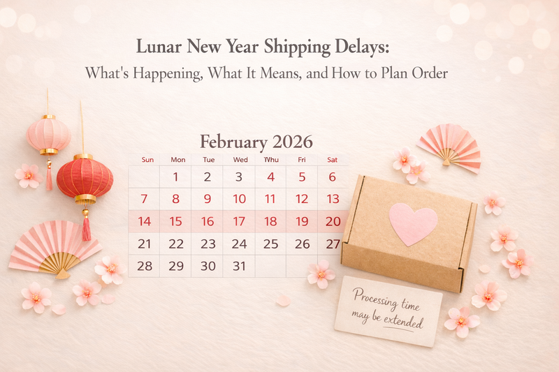 Soft pastel kawaii aesthetic, Lunar New Year shipping notice theme, flat lay composition on a warm neutral desk, blush pink and cream color palette, subtle red accents, cute lanterns and small paper fan decor