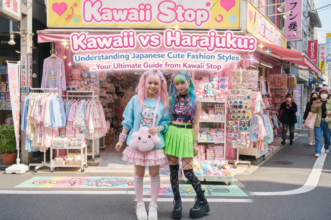 Kawaii vs Harajuku fashion comparison thumbnail showing two pastel street-style outfits in front of a colorful Kawaii Stop shop in Japan, with the title “Kawaii vs Harajuku: Understanding Japanese Cute Fashion Styles” centered on the image.