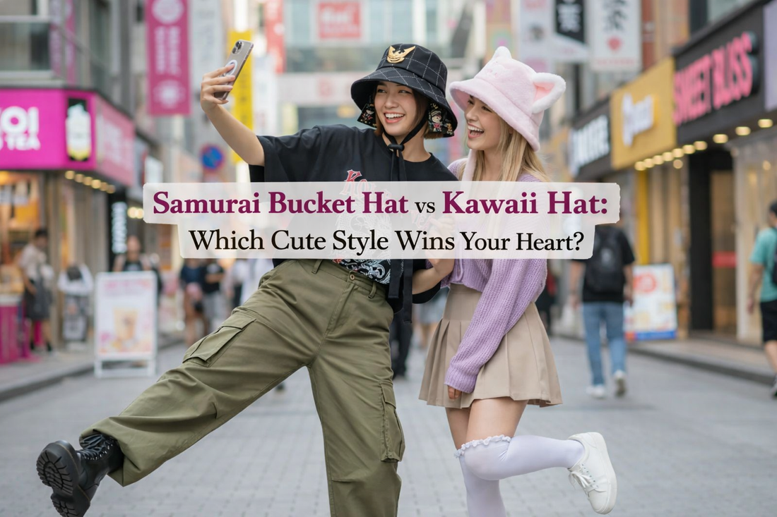 Friends posing in Harajuku street style, featuring a trendy samurai bucket hat for kawaii fashion inspiration