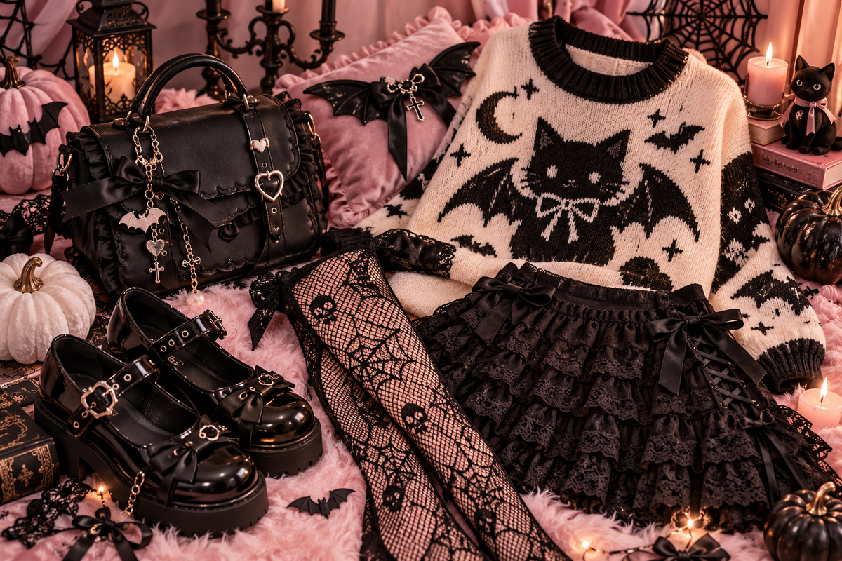 Pastel-gothic Halloween outfit flat lay with a black lace skirt, spiderweb tights, bat-themed knit sweater, black bow handbag, platform shoes, pumpkins, candles, and kawaii accessories.