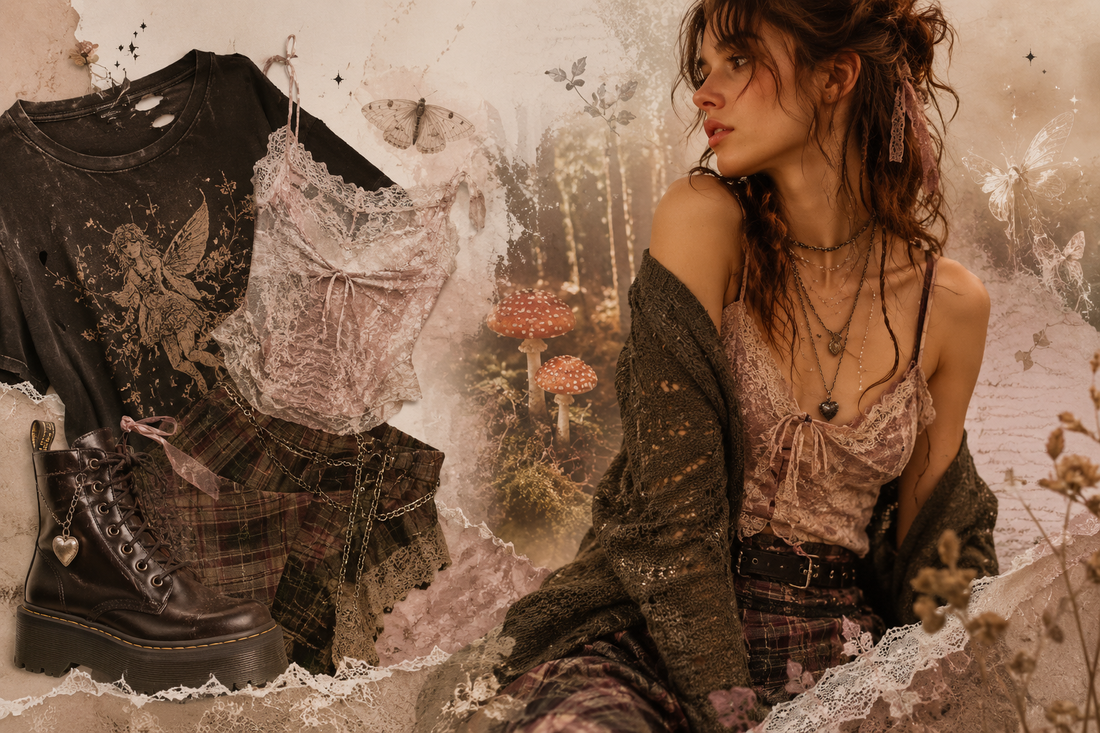 Adult model in a fairy grunge outfit mixing a soft cream top, dark lace skirt, muted knit layer, and chunky shoes in an autumn editorial setting