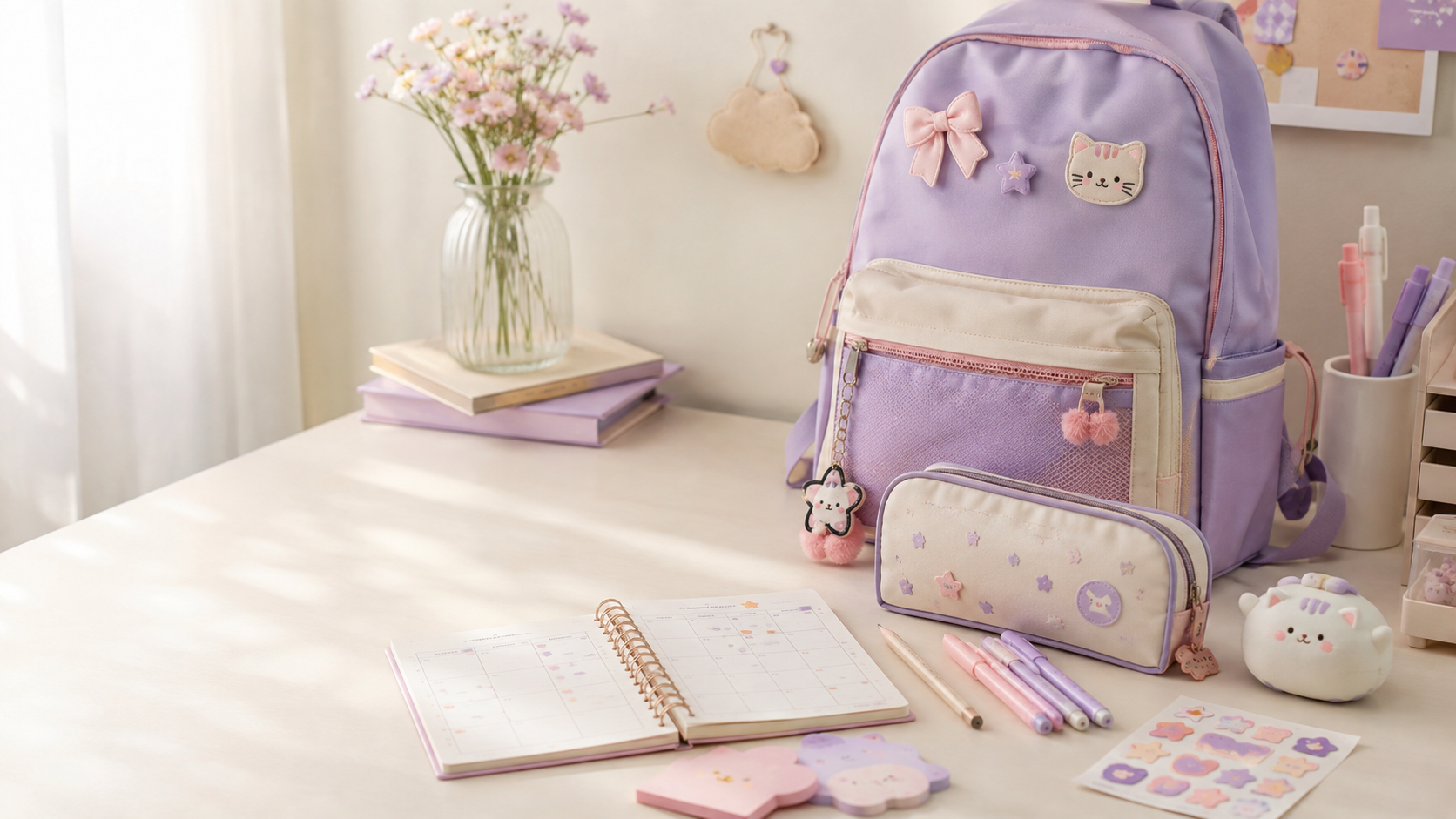 Pastel lavender backpack, pencil case, planner, pens, stickers, and a small desk squishy arranged in a bright, organized study space.