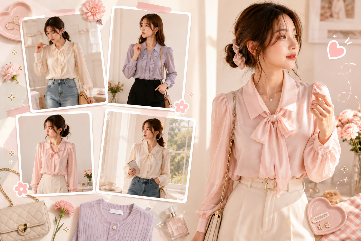 Pastel Korean-inspired blouse outfit collage featuring soft pink, ivory, and lavender feminine looks with bows, tailored bottoms, floral accents, and kawaii accessories.