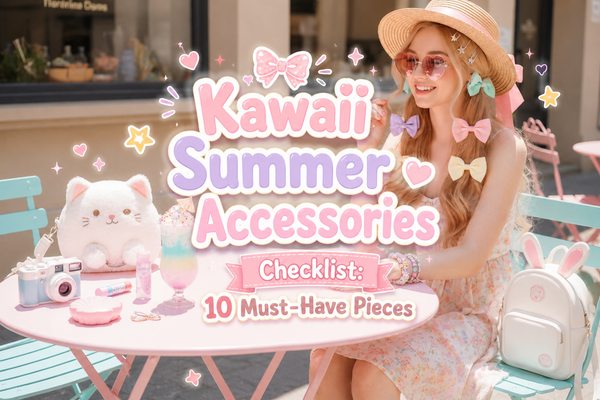 Kawaii summer accessories checklist with pastel bows, cute bags, and playful jewelry for a perfect outfit