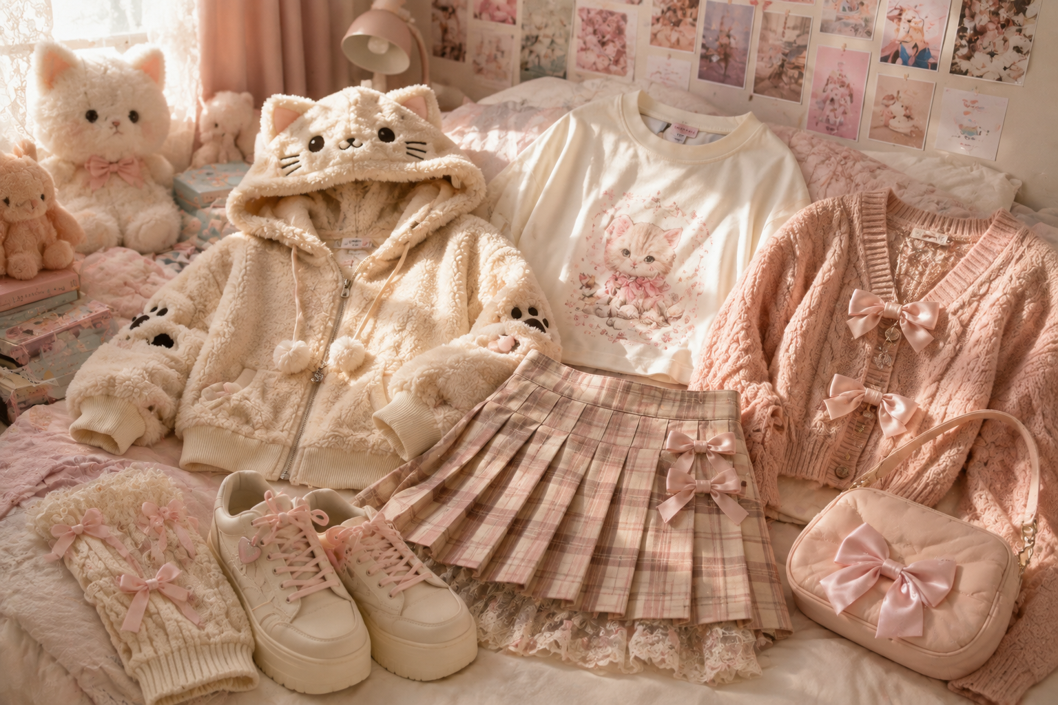 Adult model in a cozy cutecore outfit with a soft fleece hoodie, pleated skirt, bow bag, and leg warmers in a pastel editorial room