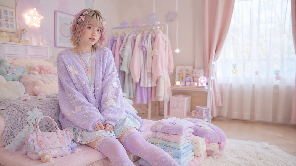 Woman in a lavender Fairy Kei outfit seated in a dreamy pastel bedroom with soft knitwear, plush decor, and celestial details.