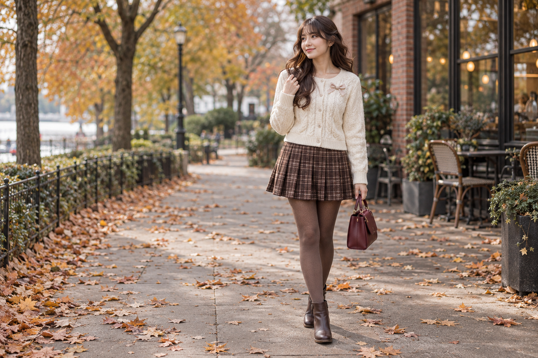 Woman wearing a cream knit cardigan, brown plaid skirt, tights, and burgundy handbag on an autumn café walkway