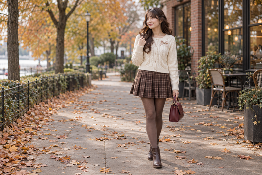 Woman wearing a cream knit cardigan, brown plaid skirt, tights, and burgundy handbag on an autumn café walkway