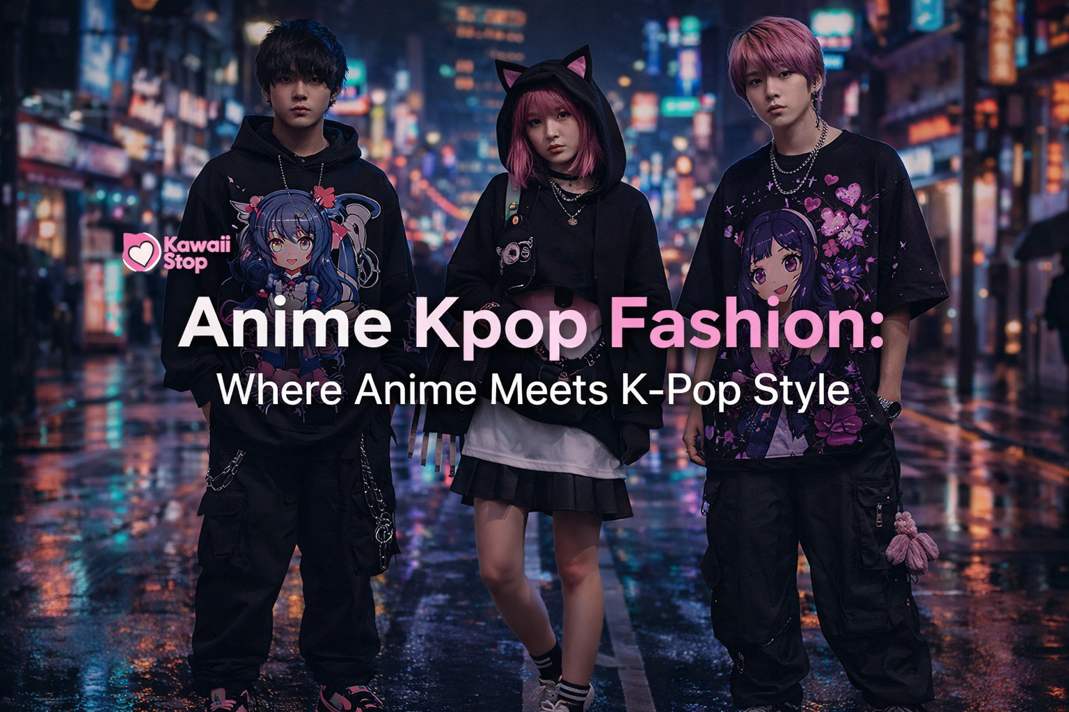 Anime Kpop fashion editorial in Harajuku with oversized anime graphic hoodies, K-pop inspired streetwear, layered chains, cargo pants, and pleated skirt at night