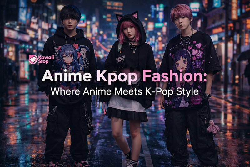 Anime Kpop fashion editorial in Harajuku with oversized anime graphic hoodies, K-pop inspired streetwear, layered chains, cargo pants, and pleated skirt at night