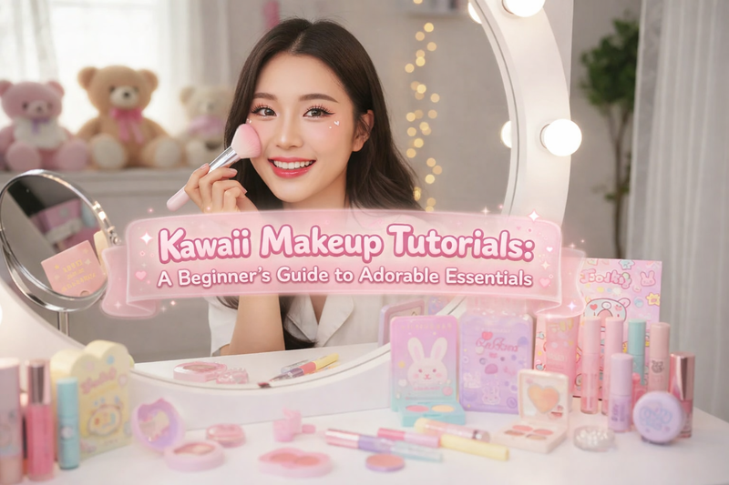 Smiling woman applying blush with pastel kawaii makeup products, perfect for kawaii makeup tutorials inspiration