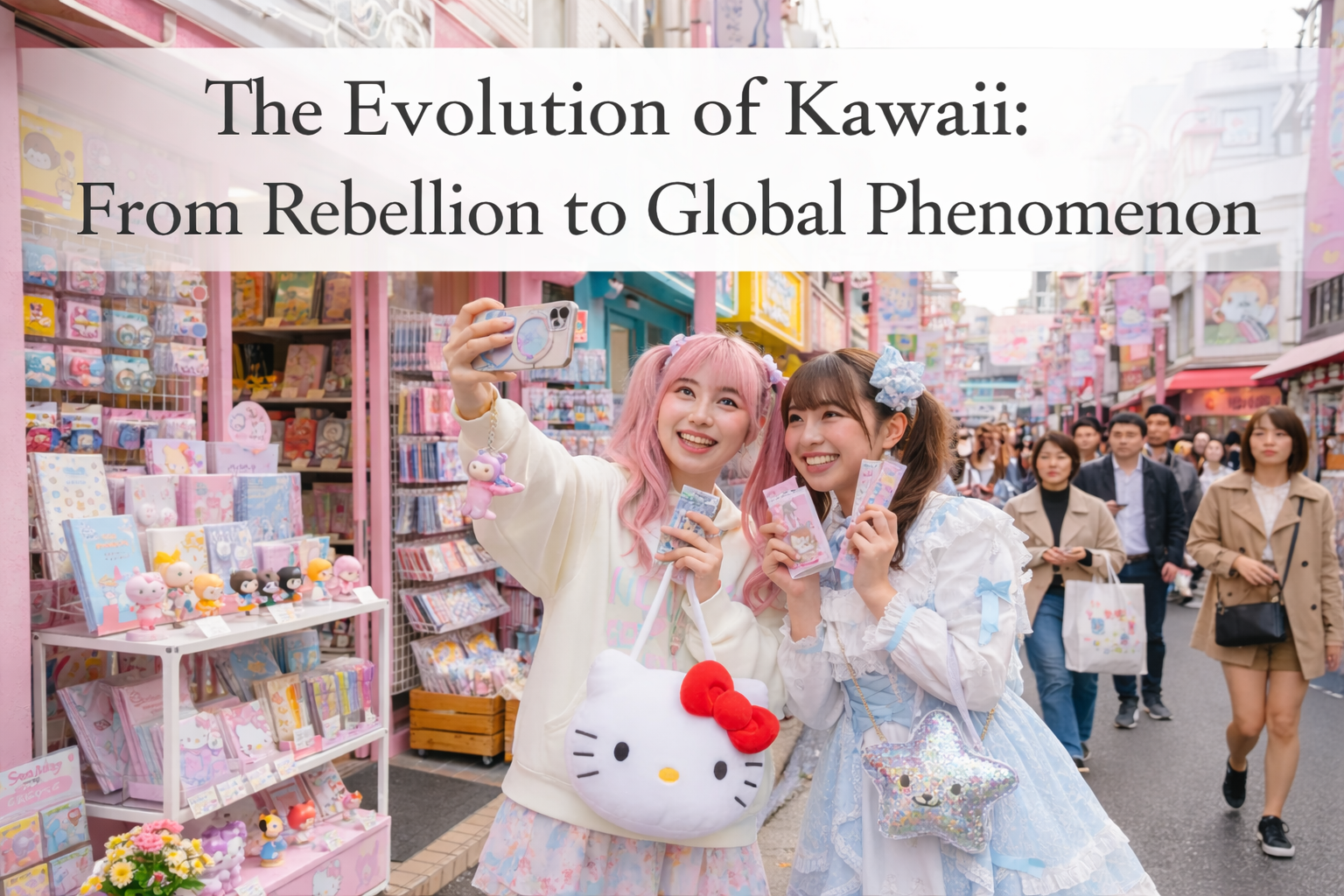 Pastel kawaii street fashion in Harajuku, Tokyo, representing the evolution of kawaii culture from youth rebellion to global phenomenon.