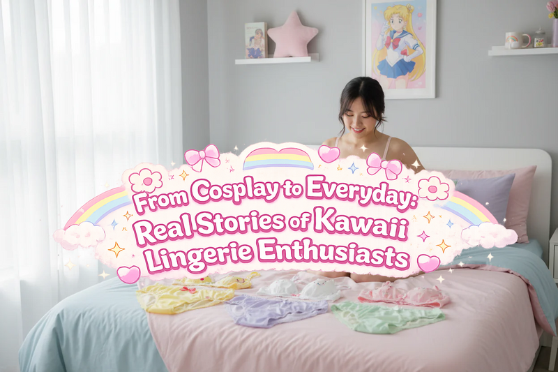 Pastel kawaii lingerie with cute anime prints displayed in a cozy bedroom for kawaii fashion inspiration