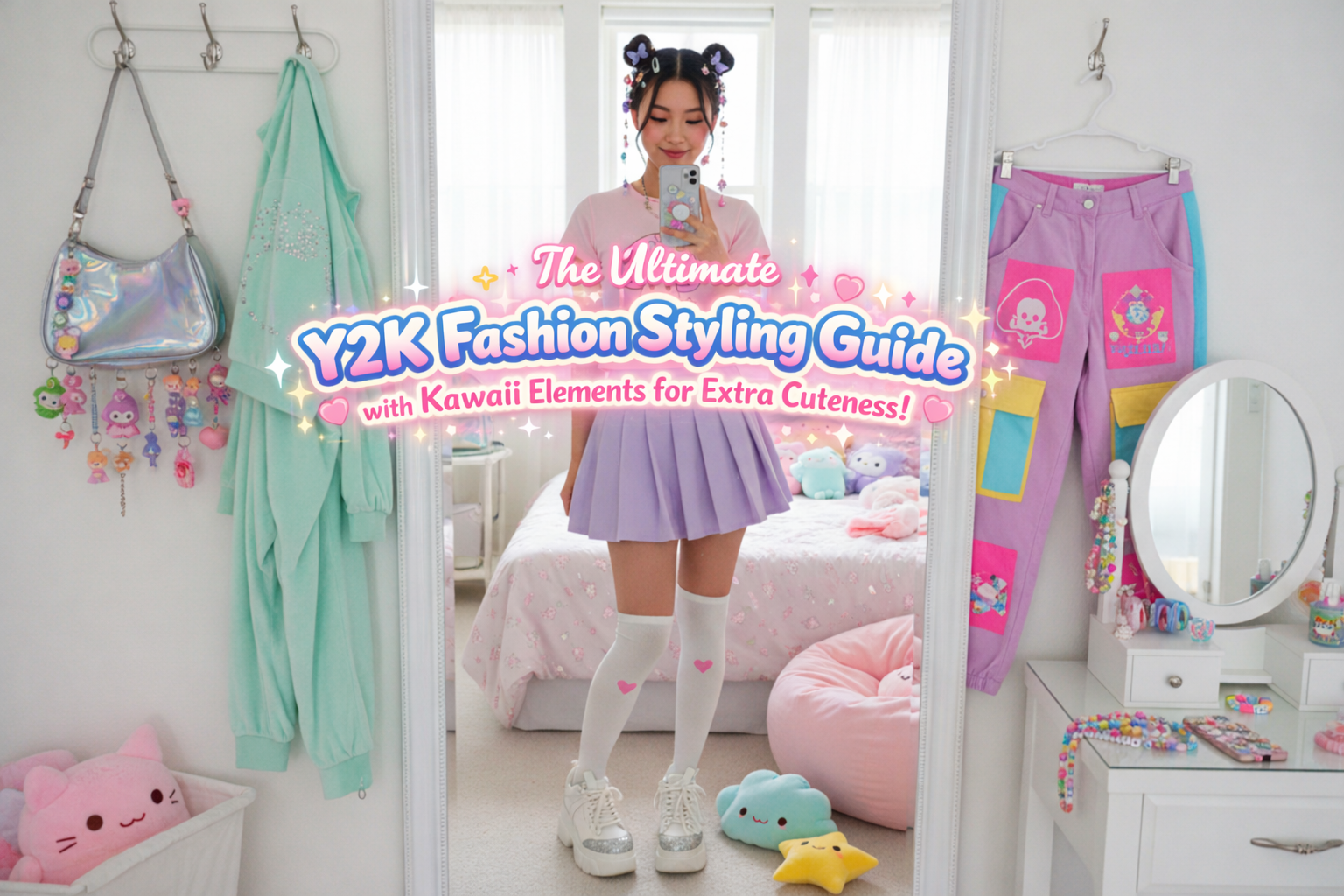 Y2K fashion styling guide with pastel kawaii outfit, pleated skirt, and cute accessories for a playful look