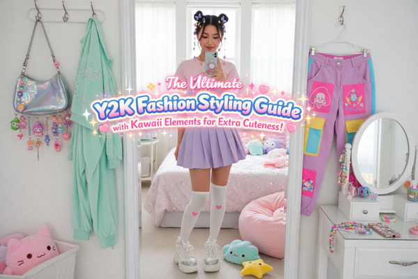 Y2K fashion styling guide with pastel kawaii outfit, pleated skirt, and cute accessories for a playful look