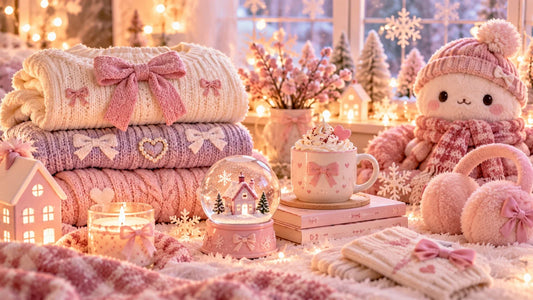 Pastel kawaii winter gift scene with bows, cozy knits, snow globe, mug and plush character by a snowy window