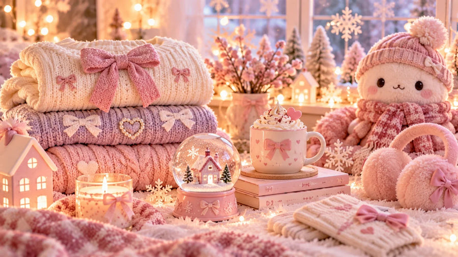 Pastel kawaii winter gift scene with bows, cozy knits, snow globe, mug and plush character by a snowy window