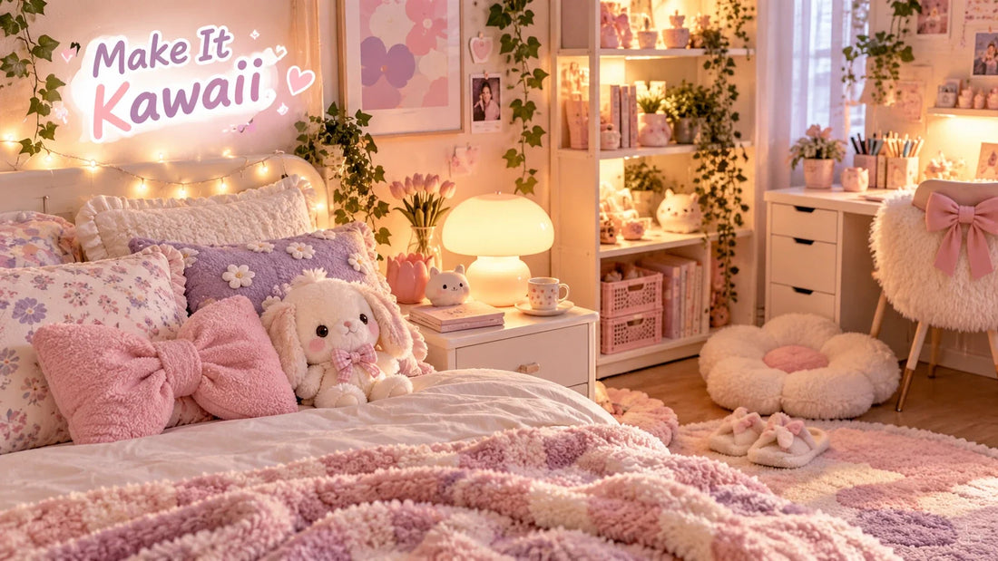 Cozy pastel kawaii bedroom with plush accents, soft lighting, bows, plants and an organized desk