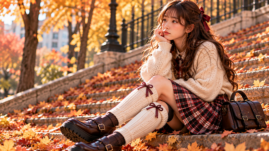 Kawaii fall outfit styled with a plaid skirt, cozy knit layers, and seasonal accessories