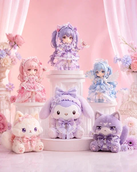 Collection of cute, colorful figurines and plush toys on a pink background
