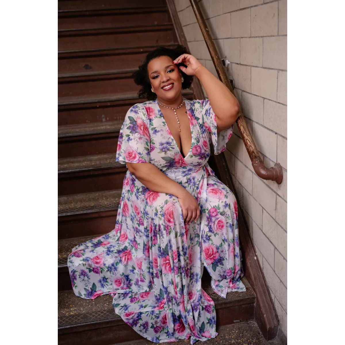 Lydia Wrap Dress - Pink Rose Bouquet Mesh - All Dresses - Maxi Dress - 1