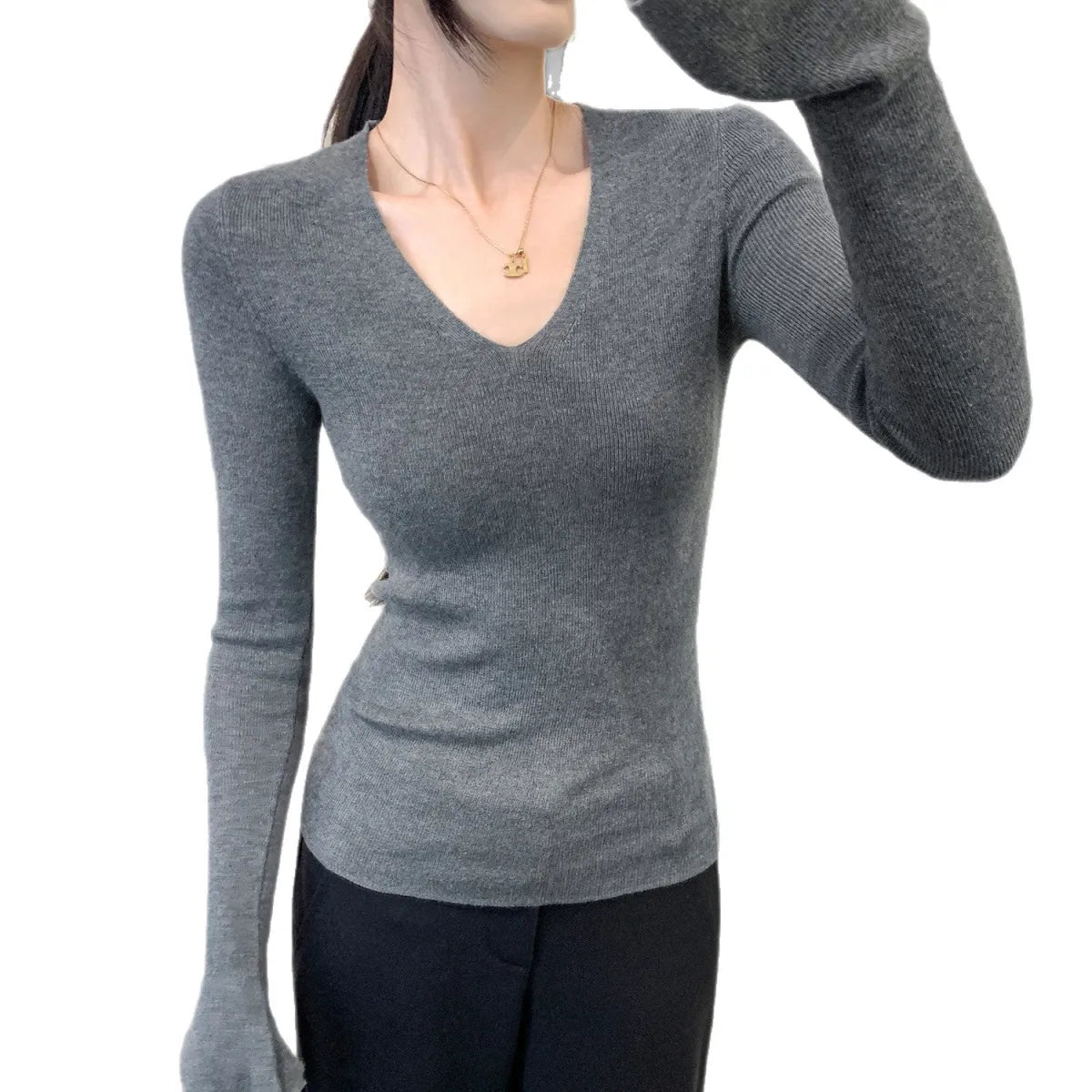 Pink Sweet V-Neck Fitted Knit Top - Tops - Sweater / Pullover - 1