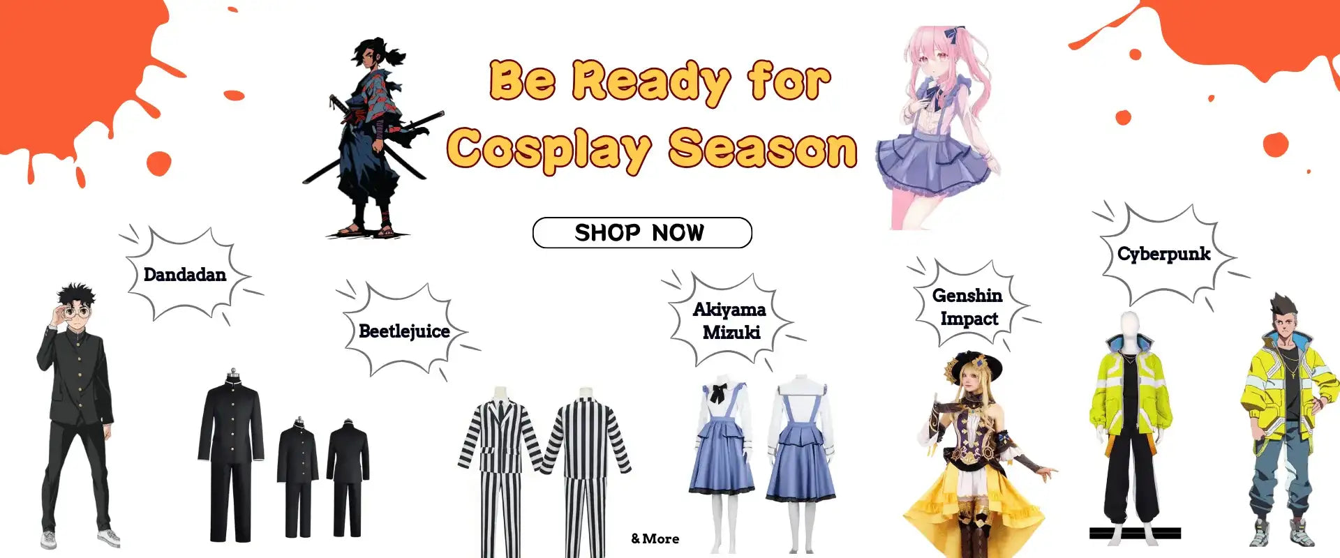 Cosplay costume display with various characters and text promoting 'Cosplay Season'.