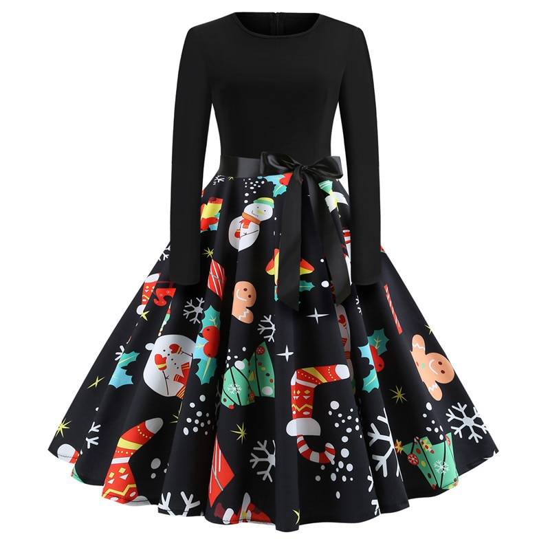 Women's Christmas Styled Swing Dress - Kawaii Stop - A-Line, All Dresses, Casual, Christmas, Cotton, Dress, Dresses, Elegant, Empire, Knee-Length, O-Neck, Patchwork, Styled, Swing, Vintage, Women's Clothing &amp; Accessories