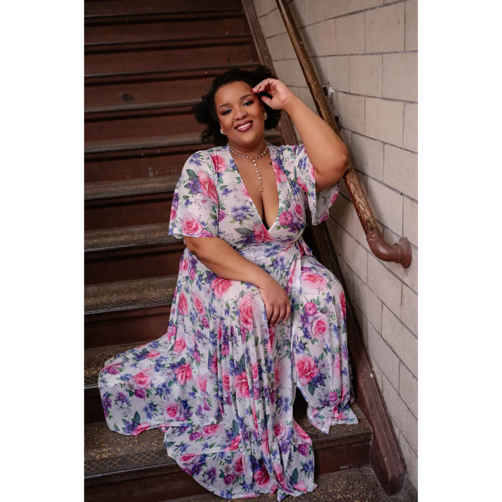 Lydia Wrap Dress - Pink Rose Bouquet Mesh - All Dresses - Maxi Dress - 1