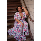 Lydia Wrap Dress - Pink Rose Bouquet Mesh - All Dresses - Maxi Dress - 1