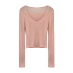 Sheer Lace Trim V-Neck Slim Knit Top - Blouses & Shirts - Blouse - 1