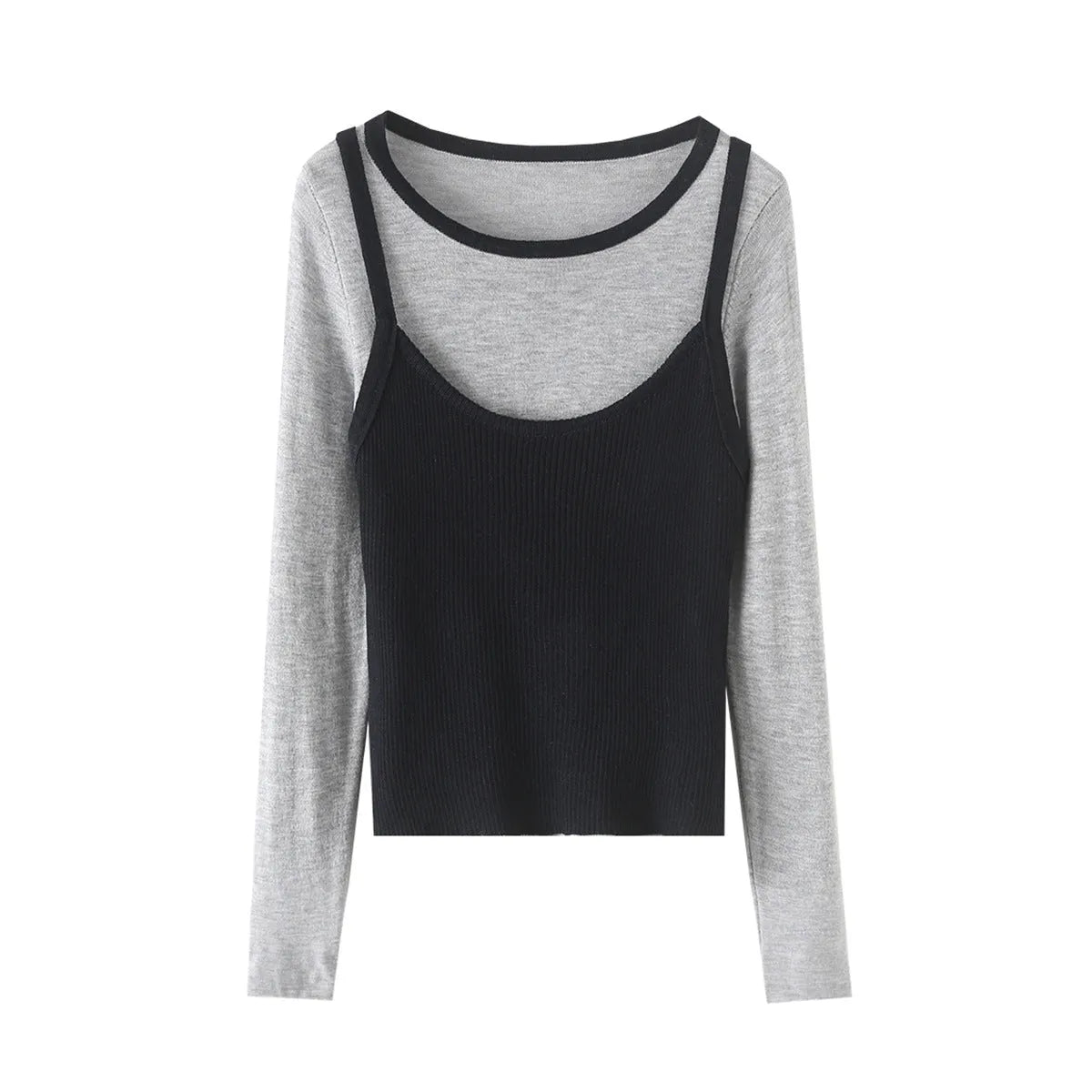 Color-Block Long Sleeve Top & Sling Cami Set - Camis & Tops - Sets / Co-ords - 1