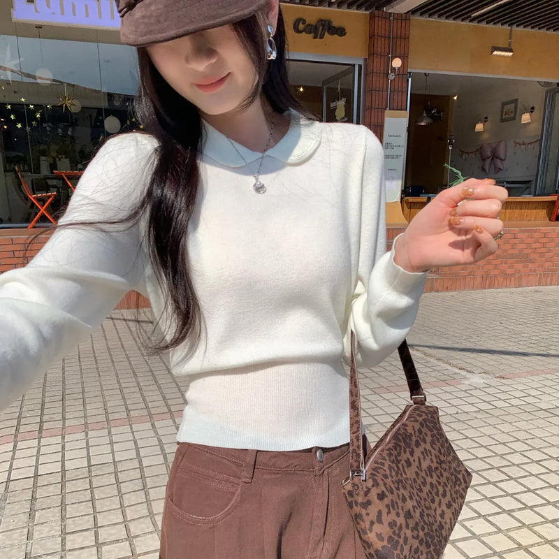 Peter Pan Collar Knit Bodysuit Top - Blouses & Shirts - Blouse - 1