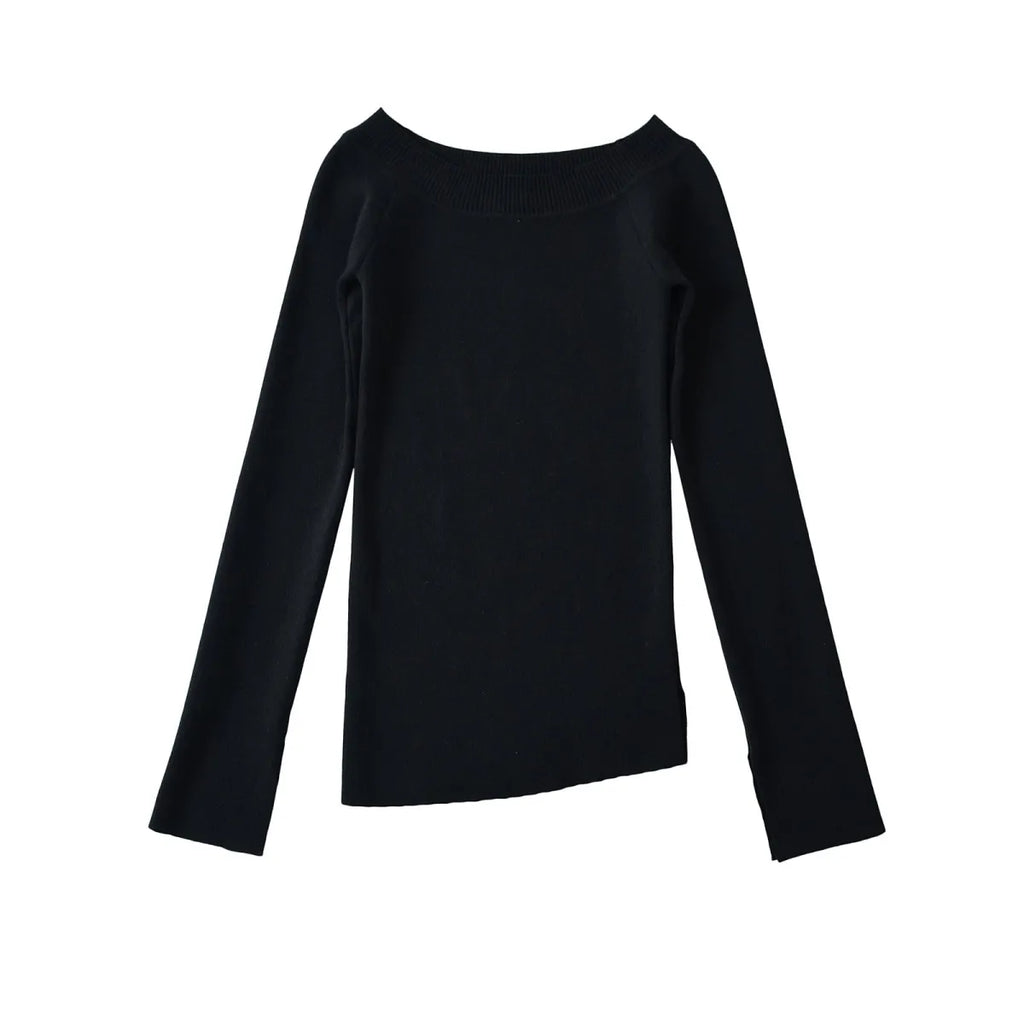 One Shoulder Slit Slanted Hem Long Sleeve Top - Sweaters - Sweater / Pullover - 2