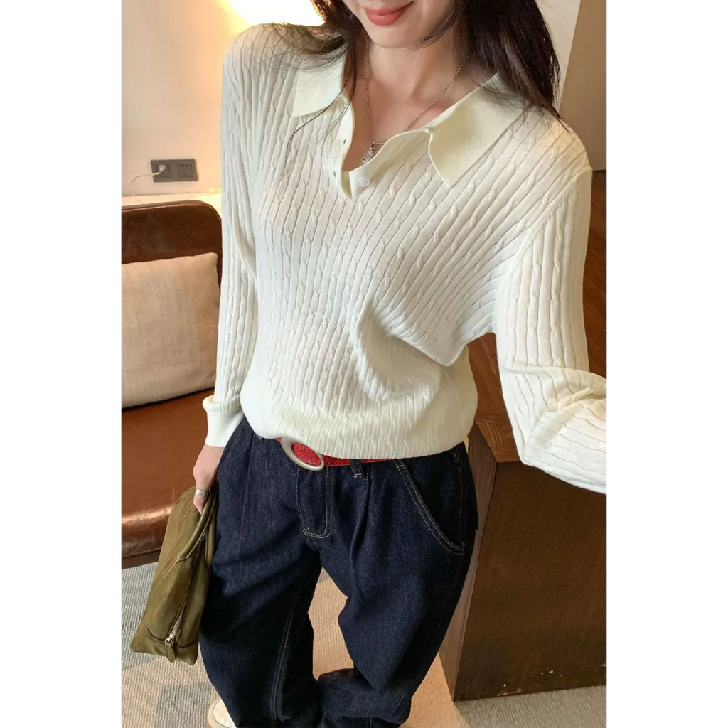 High Neck Knit Sweater With Flip Collar - Sweaters - Sweater / Pullover - 2