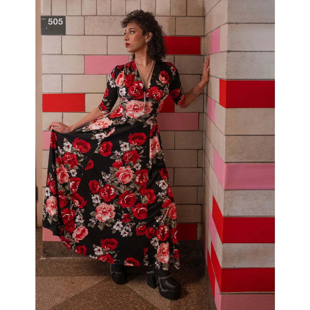 Raquel Red Rose Maxi Dress with 3/4 Sleeves - All Dresses - Maxi Dress - 1