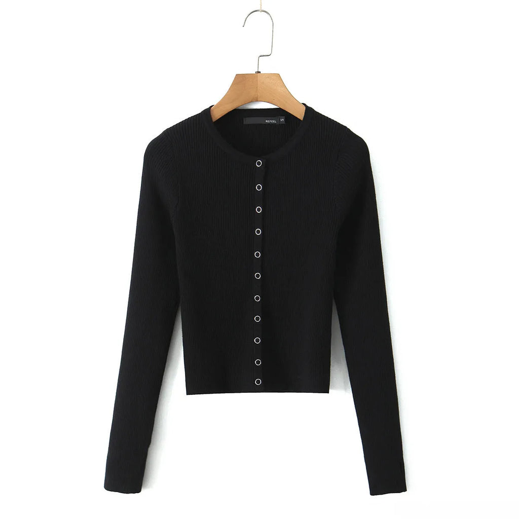 Round Neck Single Breasted Long Sleeve Top - Blouses & Shirts - Blouse - 2