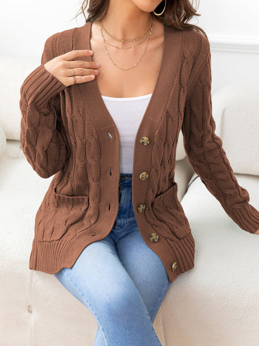 Button Down Cable-Knit Cardigan - Kawaii Stop - Acrylic Fabric, Button Down, Cable-Knit Cardigan, Cardigan, Cardigans, Casual Style, Comfortable Fit, Everyday Wear, Long Length, Pockets, Putica, Ship From Overseas, Shipping Delay 09/29/2023 - 10/04/2023, Stylish Layering, Timeless Fashion, V-Neck, Versatile Cardigan, Women's Clothing