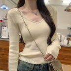 Sheer Lace Trim V-Neck Slim Knit Top - Blouses & Shirts - Blouse - 2