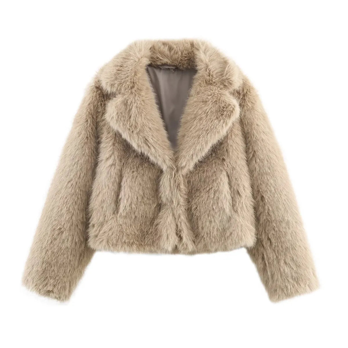 Khaki Faux Fur Effect Short Jacket - Jackets & Coats - Jacket - 1