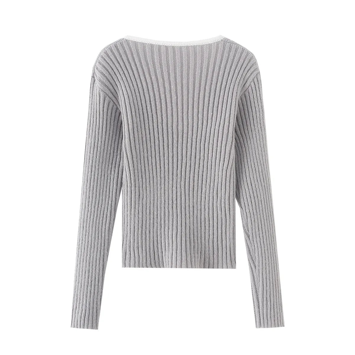 Gray Color Block V-Neck Long Sleeve Sweater - Sweaters - Sweater / Pullover - 1