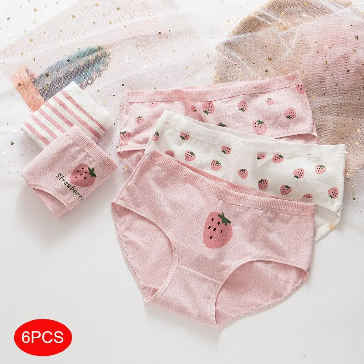 6-Pack Kawaii Strawberry Cotton Panties - Women’s Clothing & Accessories - 6